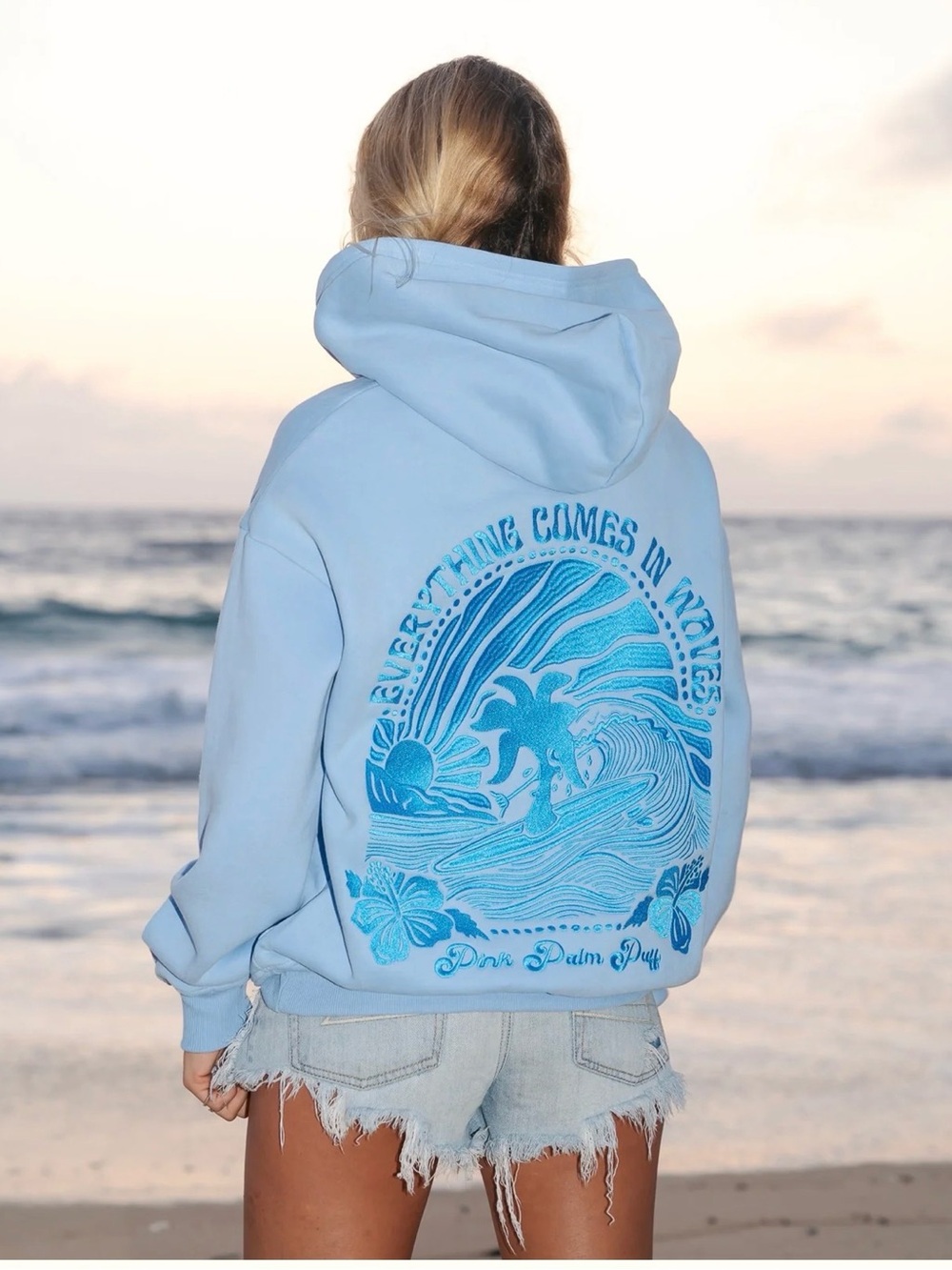 Pink Palm Puff Blue Surf Graphic Hoodie Embroidered Everything Comes Waves Small